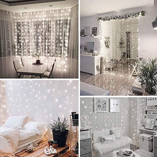 Cortina de Luces, 3x3㎡ Cable de Cobre 300 LED, Resistente al Agua, 31V, 8 Modos de Luz, Decoración de Navidad, Fiestas, Bodas, Jardín, Blanco Frío