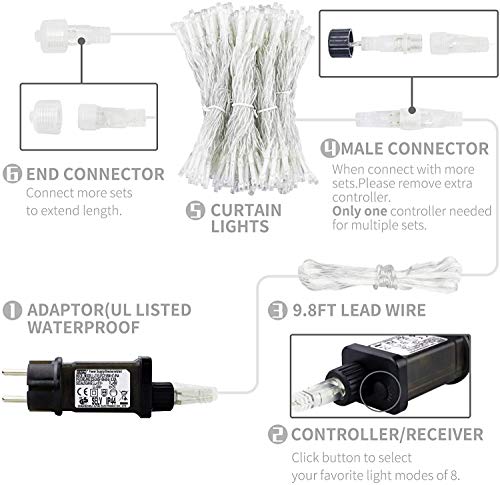 Cortina de Luces, 3x3㎡ Cable de Cobre 300 LED, Resistente al Agua, 31V, 8 Modos de Luz, Decoración de Navidad, Fiestas, Bodas, Jardín, Blanco Frío