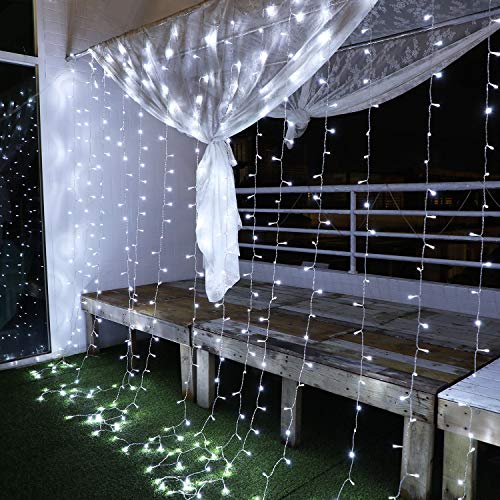 Cortina de Luces, 3x3㎡ Cable de Cobre 300 LED, Resistente al Agua, 31V, 8 Modos de Luz, Decoración de Navidad, Fiestas, Bodas, Jardín, Blanco Frío