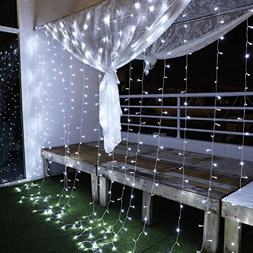 Cortina de Luces, 3x3㎡ Cable de Cobre 300 LED, Resistente al Agua, 31V, 8 Modos de Luz, Decoración de Navidad, Fiestas, Bodas, Jardín, Blanco Frío