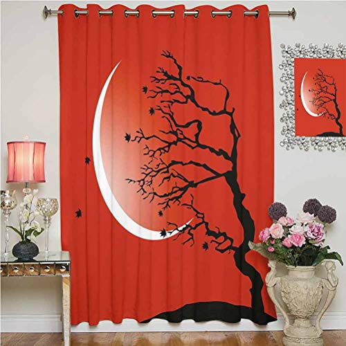 Cortina moderna para puerta corredera digital con árbol y ramas ventosas, luna y estrellas, diseño térmico, panel individual de 160 x 160 cm, para oficina, color rojo, negro y blanco