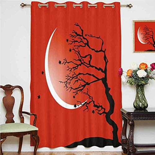 Cortina moderna para puerta corredera digital con árbol y ramas ventosas, luna y estrellas, diseño térmico, panel individual de 160 x 160 cm, para oficina, color rojo, negro y blanco