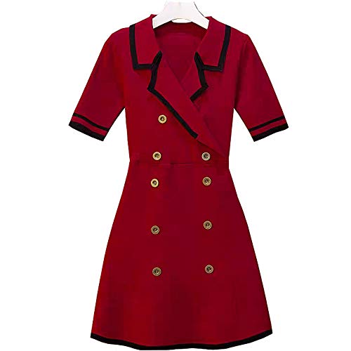 Corto rojo y negro elástico ajuste de oficina/ropa formal de una línea/vestido de patinador con mangas cortas y diseño de botón marinero más el tamaño de las mujeres W4