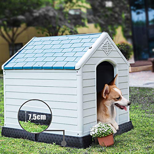 COSTWAY Casa para Perros de Plástico para Jardín Interior y Exterior Caseta para Perro con Suelo Elevado (S)