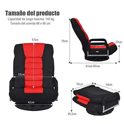 COSTWAY Silla de Suelo con Base Giratorio 360 ° y Respaldo Ajustable en 6 Posiciones Silla de Relax Meditación Sillón Perezoso Carga hasta 140 kg (Rojo)