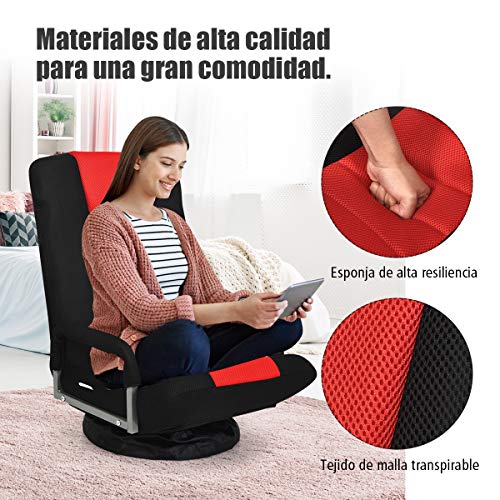 COSTWAY Silla de Suelo con Base Giratorio 360 ° y Respaldo Ajustable en 6 Posiciones Silla de Relax Meditación Sillón Perezoso Carga hasta 140 kg (Rojo)