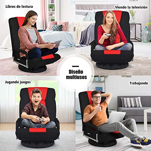 COSTWAY Silla de Suelo con Base Giratorio 360 ° y Respaldo Ajustable en 6 Posiciones Silla de Relax Meditación Sillón Perezoso Carga hasta 140 kg (Rojo)