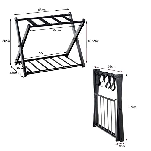 COSTWAY Soportes para Maletas Plegable Estante Bastidor para Equipaje de Metal con 4 Correas para Hogar Hotel Negro (1 Soporte)