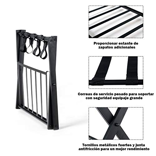 COSTWAY Soportes para Maletas Plegable Estante Bastidor para Equipaje de Metal con 4 Correas para Hogar Hotel Negro (1 Soporte)