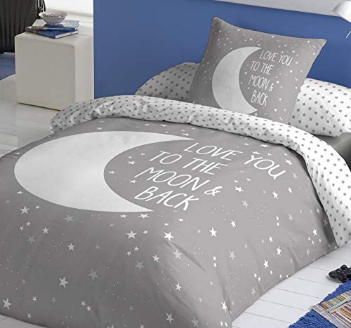 COTTON ARTean Funda Nordica Reversible Moon Grey Cama de 105 ALGODÓN 100%