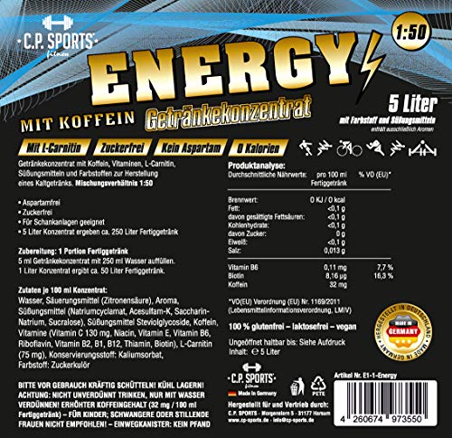 C.P. Sports - Concentrado para bebidas (5 litros, para 400 litros de bebidas precargadas, vitaminas deportivas, incluye dispensador de doble dosificador con L-Carnitina (ENERGY con cafeína)