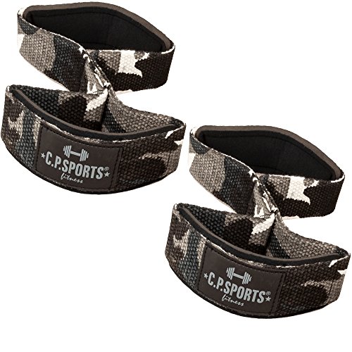 C.P. Sports - Correas para levantamiento de pesas, entrenamiento de fuerza, culturismo, fitness, levantamiento de pesas, 2 trabillas, doble bucle, levantamiento de peso muerto, Cross (Camo Blanco)