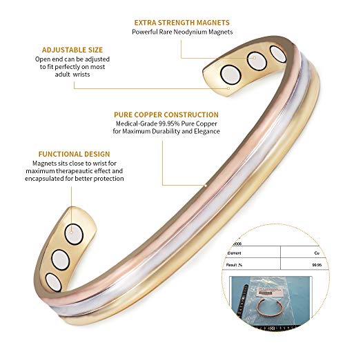 (CPB-0945SRG CPR-0013) Juego de anillos de pulsera de cobre magnético de tres tonos de Wollet Jewelry para artritis para hombres y mujeres
