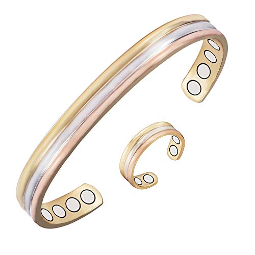 (CPB-0945SRG CPR-0013) Juego de anillos de pulsera de cobre magnético de tres tonos de Wollet Jewelry para artritis para hombres y mujeres