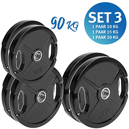 C.P.Sports - Juego de discos para pesas olímpicas con revestimiento de goma, peso de 0,5 a 25 kg, 50 mm, culturismo, juego de pesas con agujeros para agarrar, entrenamiento con pesas, Set 3 - 90 kg. C.P.Sports - Juego de discos para pesas olímpicas con revestimiento de goma, peso de 0,5 a 25 kg, 50 mm, culturismo, juego de pesas con agujeros para agarrar, entrenamiento con pesas, Set 3 - 90 kg.