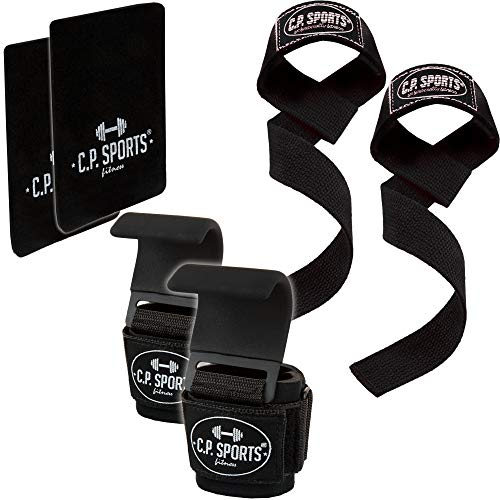 C.P.Sports - Juego de Ganchos de dominadas Negro + Correas + Almohadilla de Agarre para Culturismo, Entrenamiento de Fuerza, Levantamiento de Pesas, Entrenamiento de Fuerza, Levantamiento de Pesas