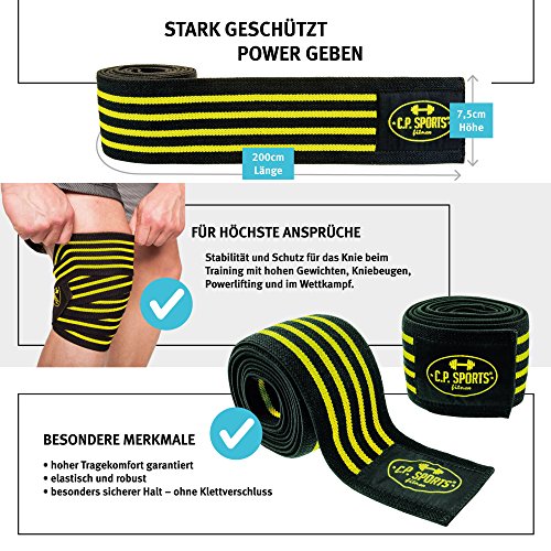 C.P.Sports Profesional Vendas de Rodilla 200cm - 250cm T25 - Entrenamiento con Pesas, musculación, Levantamiento de Pesas, Hombres, Mujeres, Vendaje de Fitness, Crossfit, Levantamiento Cruzado C.P.Sports Profesional Vendas de Rodilla 200cm - 250cm T25 - Entrenamiento con Pesas, musculación, Levantamiento de Pesas, Hombres, Mujeres, Vendaje de Fitness, Crossfit, Levantamiento Cruzado