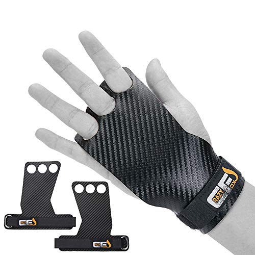 CRAZYFOXS Calleras para Crossfit - Grips 3H Fibra de Carbono – Guantes de Gimnasio para Protección de Manos - Hombre y Mujer Negro - Gym Fitness Halterofilia Pesas - 3 Agujeros (M)