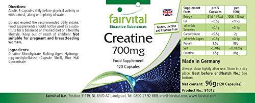 Creatina 700mg - Monohidrato de Creatina - Dosis elevada - 120 Cápsulas - Calidad Alemana Creatina 700mg - Monohidrato de Creatina - Dosis elevada - 120 Cápsulas - Calidad Alemana