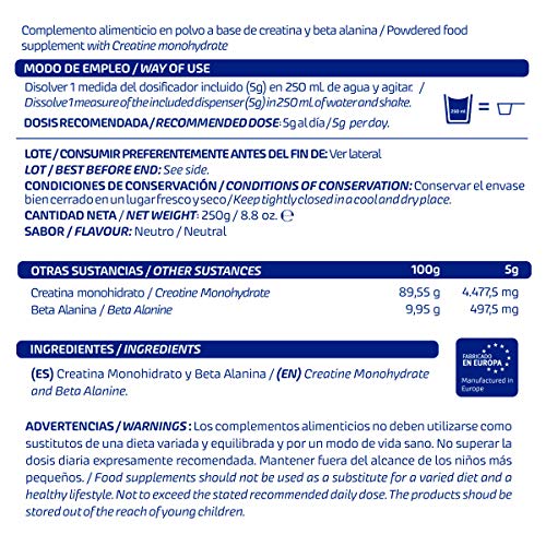 Creatina + Beta Alanina 250g de Nutrinovex | Aumenta la fuerza, resistencia y masa muscular | Sabor neutro