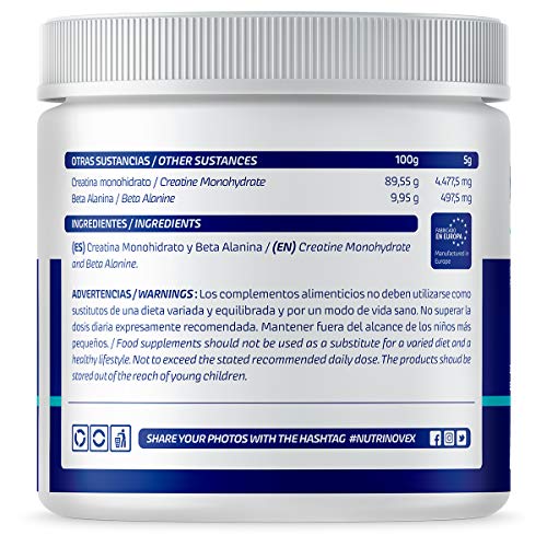 Creatina + Beta Alanina 250g de Nutrinovex | Aumenta la fuerza, resistencia y masa muscular | Sabor neutro Creatina + Beta Alanina 250g de Nutrinovex | Aumenta la fuerza, resistencia y masa muscular | Sabor neutro
