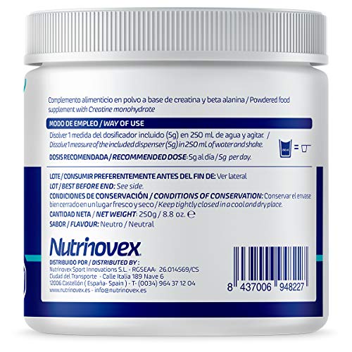 Creatina + Beta Alanina 250g de Nutrinovex | Aumenta la fuerza, resistencia y masa muscular | Sabor neutro Creatina + Beta Alanina 250g de Nutrinovex | Aumenta la fuerza, resistencia y masa muscular | Sabor neutro