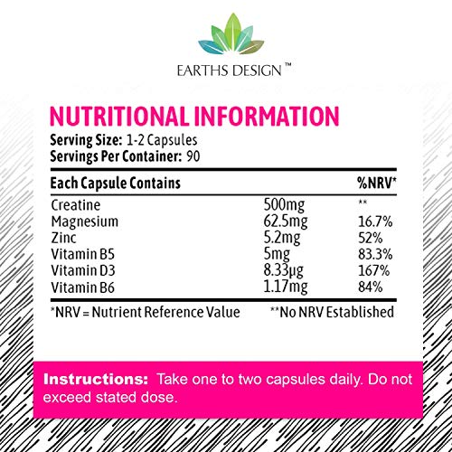 Creatina - Monohidrato de Creatina con Magnesio, Zinc, Vitamina B6-90 Cápsulas de Earths Design