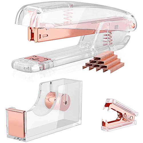 Creechwa Kit de accesorios de escritorio, dispensador de cinta, removedor de grapas, juego de grapas acrílicas para empleados de oficina y estudiantes (oro rosa)