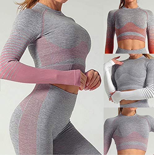 CrisKat Conjunto de Ropa Deportiva para Mujer Top de Running de Manga Larga de 2 Piezas Pantalones de Cintura Alta Yoga Gym Wear (Pink, M)