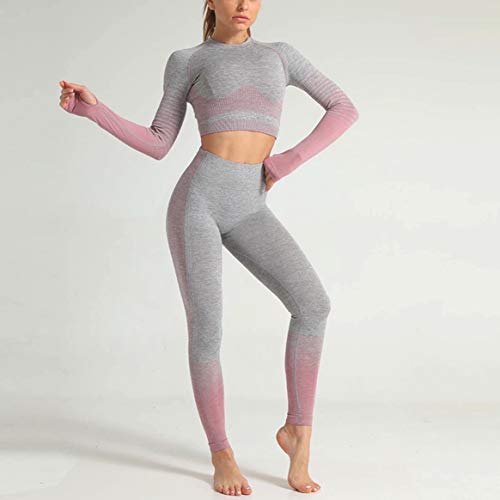 CrisKat Conjunto de Ropa Deportiva para Mujer Top de Running de Manga Larga de 2 Piezas Pantalones de Cintura Alta Yoga Gym Wear (Pink, M)