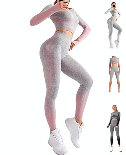 CrisKat Conjunto de Ropa Deportiva para Mujer Top de Running de Manga Larga de 2 Piezas Pantalones de Cintura Alta Yoga Gym Wear (Pink, M)