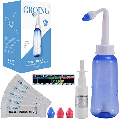 CROING - 40 x Sal + 1 x Etiqueta de Termómetro + 1 x Botella de Lavado Nasal (300 ml) + 1 x Botella de Spray Nasal (50ml) - Neti Pot, Irrigación Nasal