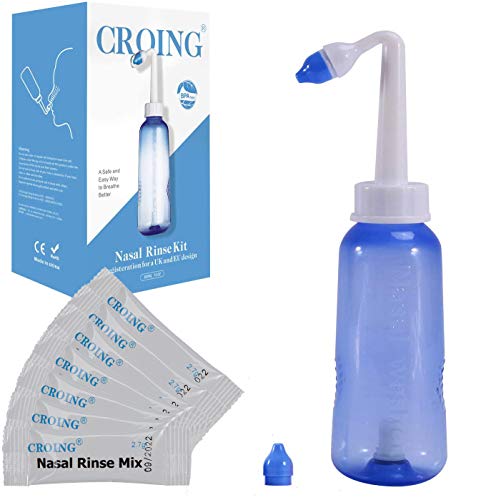 CROING-Botella de 300 ml + 80 paquetes de sal-Neti Pot - Botella de Lavado Nasal Yoga Nasal Botella Nariz Limpiador Botella