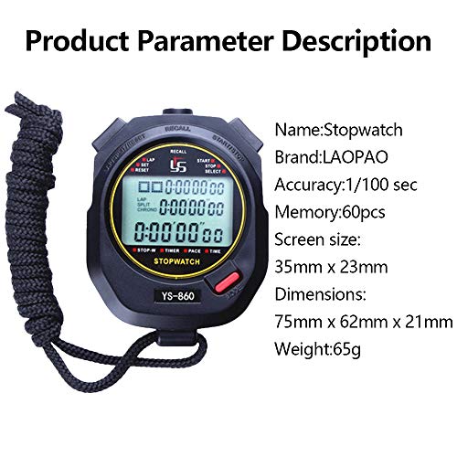 Cronómetro Deportes cronómetro Profesional Digital portátil 0.01 Segundo 60 Memoria Impermeable Cronómetro para Deportes al Aire Libre