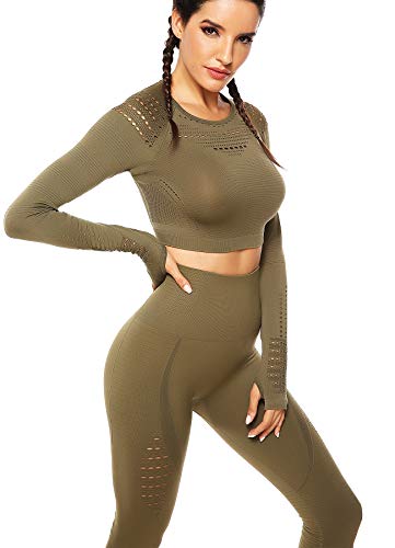 CROSS1946 Chándal transpirable para mujer, camiseta de manga larga y leggings push up, ropa deportiva para yoga (separado) Top Green M