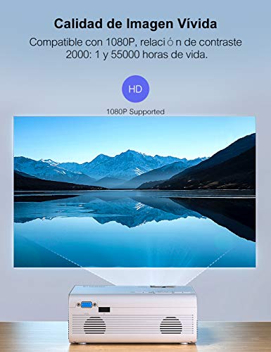 Crosstour Proyector, Mini Proyector Portátil Soporte HD, Cine en Casa con Control Remoto, 55000 Horas Vida, Altavoces Duales Compatible con HDMI USB SD Chromecast PS4 (Cable HDMI/AV Incluido)