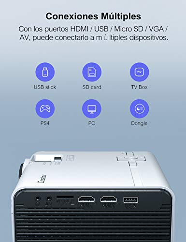 Crosstour Proyector, Mini Proyector Portátil Soporte HD, Cine en Casa con Control Remoto, 55000 Horas Vida, Altavoces Duales Compatible con HDMI USB SD Chromecast PS4 (Cable HDMI/AV Incluido)