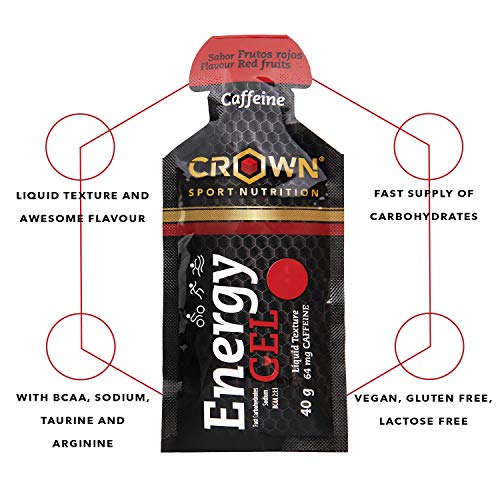 Crown Sport Nutrition Gel Energético - con o sin Cafeína - 10 unidades Carbohidratos en ratio 2:1:1 (Maltodextrina - Dextrosa - Fructosa) Ciclismo Running Deporte Entreno