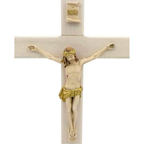 Crucifijo de pared de madera natural, cuerpo de Cristo e INRI, fundición artificial de color dorado, cruz de madera de 23 cm, vigas rectas