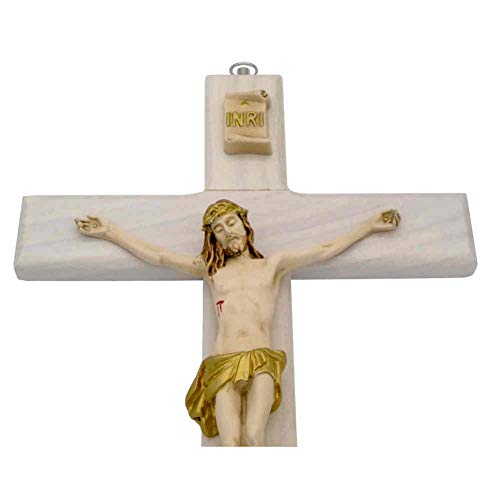 Crucifijo de pared de madera natural, cuerpo de Cristo e INRI, fundición artificial de color dorado, cruz de madera de 23 cm, vigas rectas