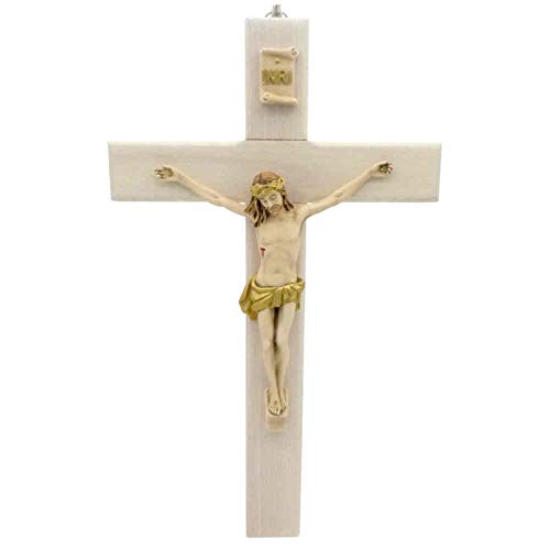 Crucifijo de pared de madera natural, cuerpo de Cristo e INRI, fundición artificial de color dorado, cruz de madera de 23 cm, vigas rectas
