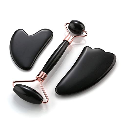 CrystalTears Juego de 3 rodillos de obsidiana Gua Sha para masajes faciales, antienvejecimiento, rejuvenece la cara y la piel del cuello CrystalTears Juego de 3 rodillos de obsidiana Gua Sha para masajes faciales, antienvejecimiento, rejuvenece la cara y la piel del cuello