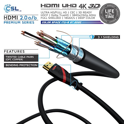 CSL - 2m Cable HDMI - Ultra HD 4k HDMI - Alta Velocidad con Ethernet - Full HD 1080p 4K Ultra HD 2160p 3D ARC y CEC - Cable de blindaje Triple - blindaje de Conector y contactos