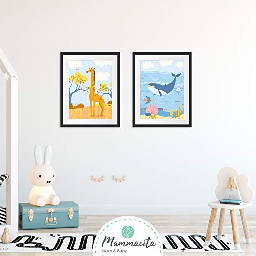 Cuadros para la habitación del bebé - Set de 6 pósters de animales - Marcos de fotos A4 y A3 para niños - Impresiones divertidas y coloridas - Accesorios de Baby Shower para niños y niñas