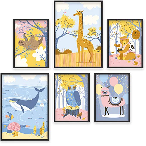 Cuadros para la habitación del bebé - Set de 6 pósters de animales - Marcos de fotos A4 y A3 para niños - Impresiones divertidas y coloridas - Accesorios de Baby Shower para niños y niñas