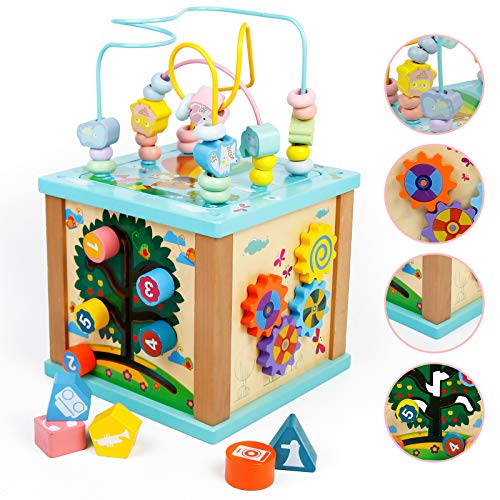 Cube de Actividades Juguetes de Madera Juego Educativo 5 en 1 Cubos Madera con Pista Deslizante, Enseñanza de Reloj, Clasificador de Formas, Juegos de Laberintos y Engranajes Giratorios Juguetes