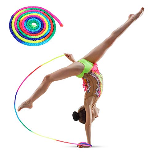 Cuerda de gimnasia, cuerdas para saltar con color arcoíris, utilizada para la competencia oficial de cuerda de gimnasia rítmica, entrenamiento deportivo, entrenamiento de cuerda artística,110 pulgadas