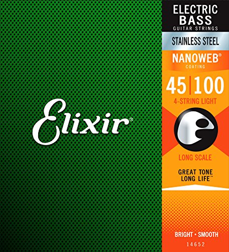 Cuerdas de bajo de 4 cuerdas Elixir® Strings de acero inoxidable con recubrimiento NANOWEB®, escala larga, calibre ligero (.045-.100)