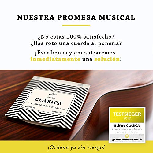 Cuerdas de nailon de primera calidad para guitarra clásica, española, flamenca y guitarra acústica (lote de 6 cuerdas) BONUS: 4 púas + Escuela de Guitarra (ebook)