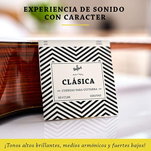Cuerdas de nailon de primera calidad para guitarra clásica, española, flamenca y guitarra acústica (lote de 6 cuerdas) BONUS: 4 púas + Escuela de Guitarra (ebook)
